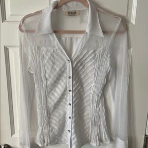 MKM Designs Y2K  Sheer White Button-Down Shirt Side Pleating Gem Buttons Large